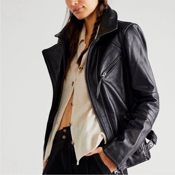 Free People We The Free Cora Leather biker jacket in black - Picture 1 of 11